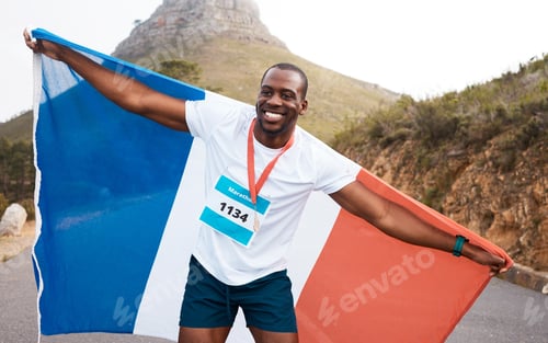 Preview: Runner man, flag and winner with smile, pride and celebration for marathon, fitness and sports for