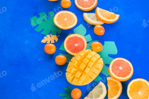 Preview: Exotic fruits close-up. Mango, oranges, kumquat and other tropical fruits vibrant blue background