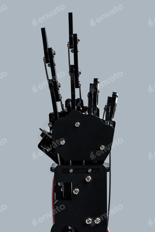 Preview: Real robotic hand giving V sign against gray background