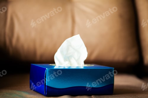 Preview: Box hygiene napkins on the brown sofa.
