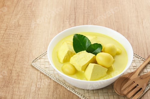 Preview: Delicious Bowl of Yellow Curry on Wooden Table