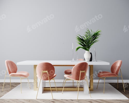 Preview: Living room interior design scene with pink chair, table and empty gray wall, room interior mock up