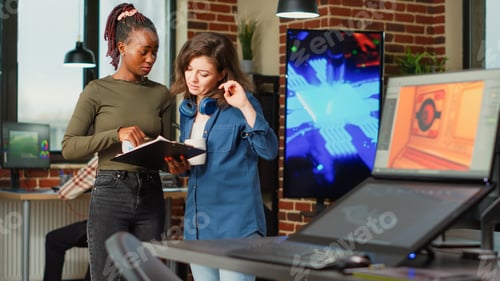 Preview: Team of diverse office employees brainstorming ideas in creative agency