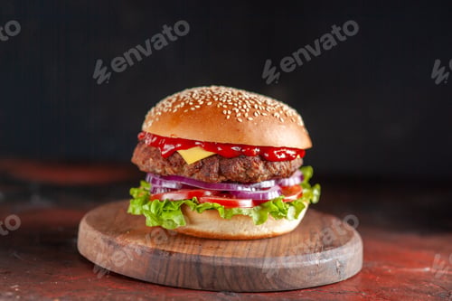 Preview: front view yummy meat cheeseburger on cutting board dark background salad dinner burger snack fast
