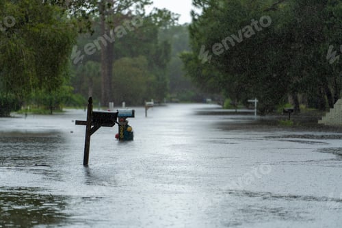 Preview: Hurricane rainfall flooded Florida road in suburban residential area