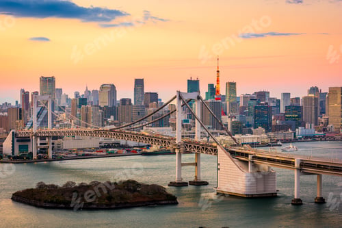 Preview: Tokyo, Japan skyline panorama with Rainbow Bridg