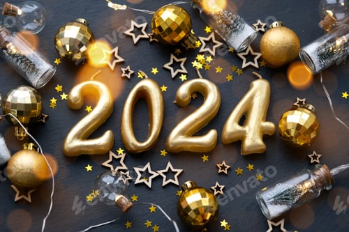 Preview: The golden figures 2024 made of candles on a black stone slate background