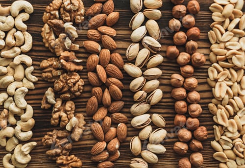 Preview: Different types of nuts, nut mix of almonds, hazelnuts, cashews, peanuts on a wooden board. Close up