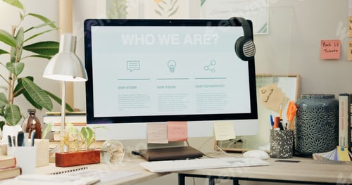 Preview: Office, computer screen and website about us, information on crm business for virtual assistant. Mo