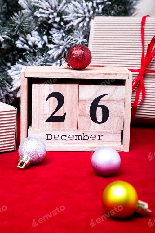 Preview: Boxing Day Sale. Calendar with date on red background. Christmas concept. December 26.