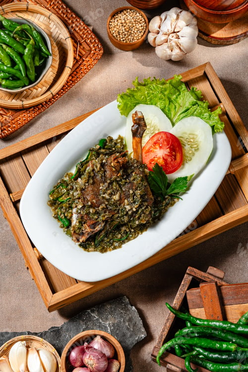 Preview: Bebek goreng cabe ijo or fried duck with green chili sauce.