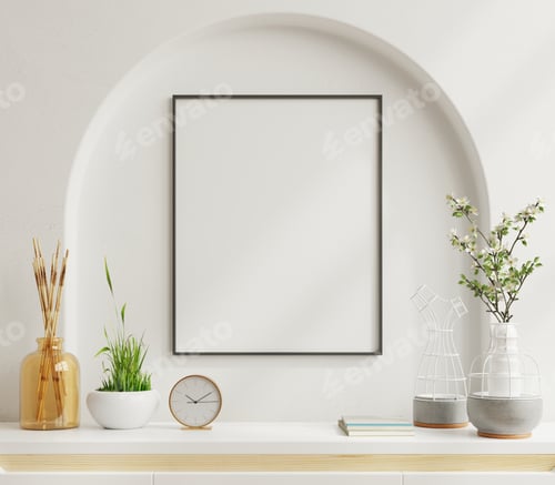 Preview: Interior poster mockup with vertical black frame in home interior.