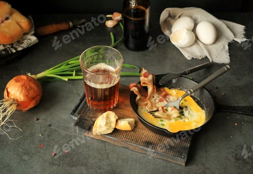 Preview: Fried eggs with bacon in a frying pan on the table, beer and other food products for lunch