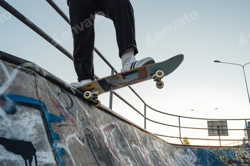 Vorschau: Hipster-Skater tagsüber auf Skateboard im Skatepark