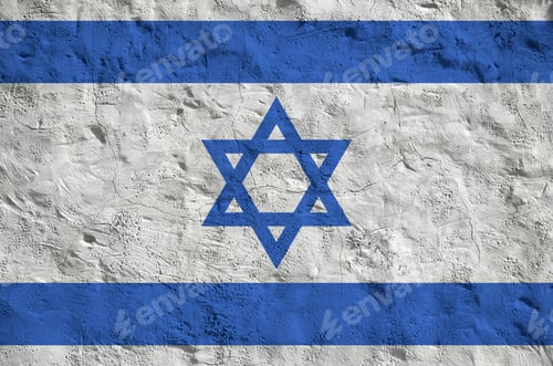 Preview: Israel flag depicted in bright paint colors on old relief plastering wall close up
