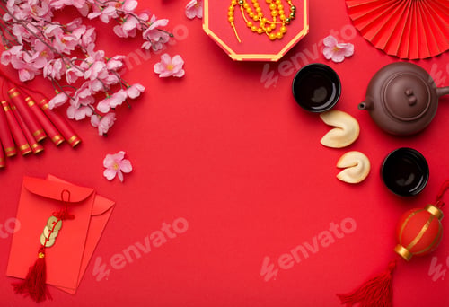 Preview: Chinese New Year flat lay red background with assorted festival decorations