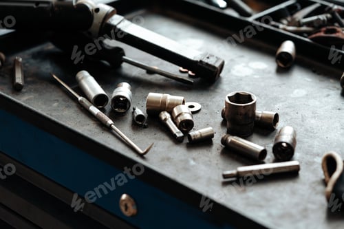 Preview: Different tools on workbench in car service
