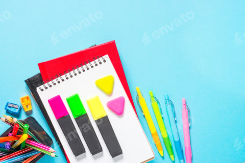 Preview: School and office supplies on blue background