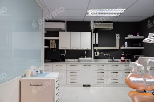 Preview: Interior dental clinic with dark gray wall.
