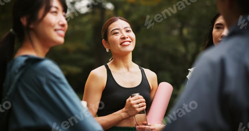 Preview: Conversation, yoga and girl friends in nature with fitness for health, wellness and balance in morn