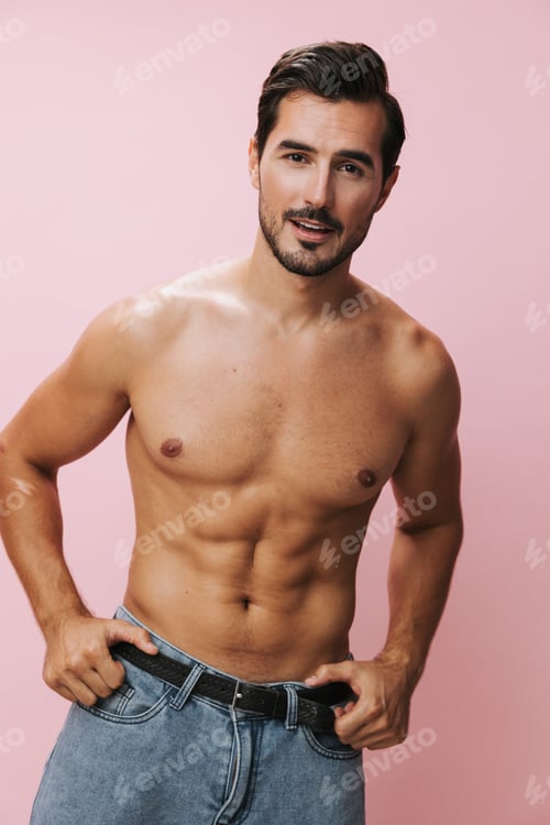 Preview: Fitness man naked background sport torso body muscular lifestyle pink muscle sexy