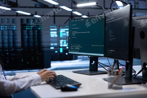 Preview: IT expert inputting data on PC in server farm after finishing maintenance