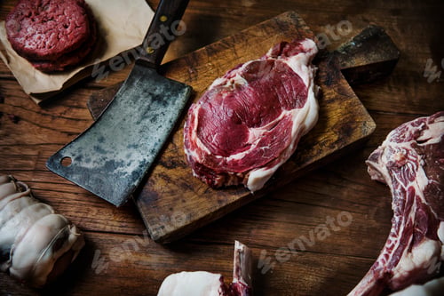 Preview: Tomahawk beef steak at a butcher shop