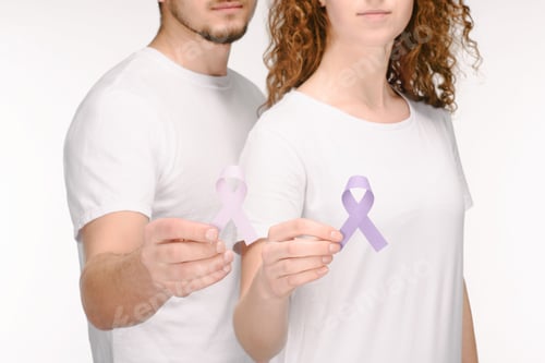 Preview: partial view of couple holding awareness ribbons of different colors isolated on white, world health