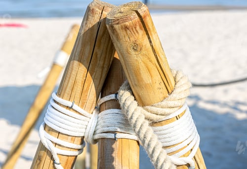 Preview: Close-up, wooden posts on the sandy beach.