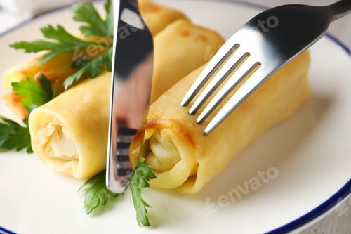Preview: Concept of tasty food, thin pancakes with filling