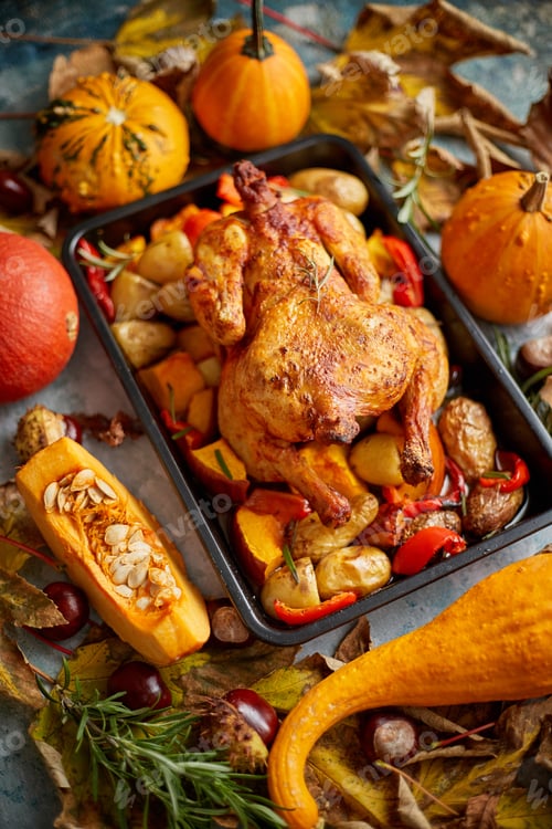 Preview: Roasted whole chicken or turkey with pumpkins, pepper and potatoes. With colorful mini pumpkins