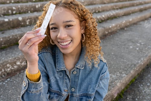 Preview: pretty Latina woman with blond curly hair, happy, shows negative coronavirus test