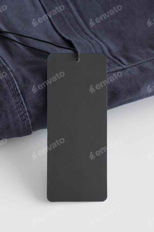 Preview: Black clothing tag mockup on a blue pants.