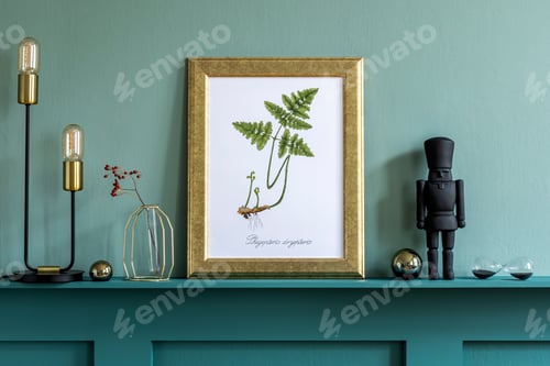 Preview: Creative composition of stylish and modern hall interior with mock up poster frame.