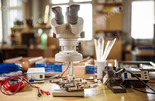 Preview: Modern microscope, electronic components in a scientific laboratory