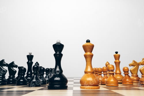 Preview: Chessboard with wooden figures against grey background