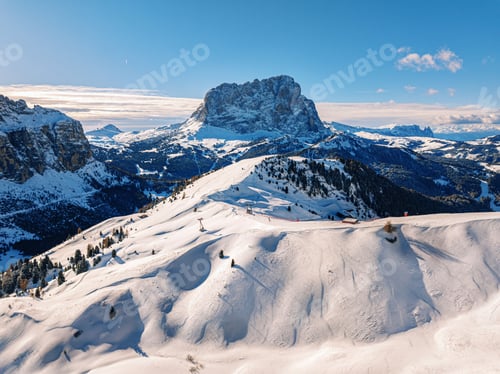 Preview: Aerial drone view of the Gardena Pass in the Dolomites