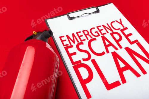 Preview: Important emergency escape plan with fire extinguisher on red background