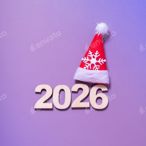 Visualização: Números de madeira 2026 e chapéu vermelho. Conceito minimalista de Ano Novo