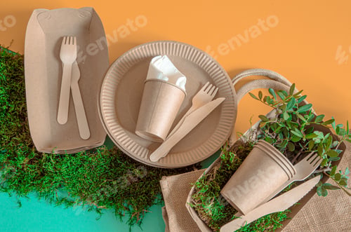Preview: Eco-friendly, disposable, recyclable tableware on a colored background .