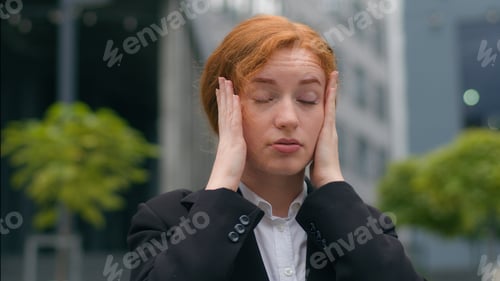 Preview: Close up unhappy tired young Caucasian ginger woman gen z businesswoman girl female student formal