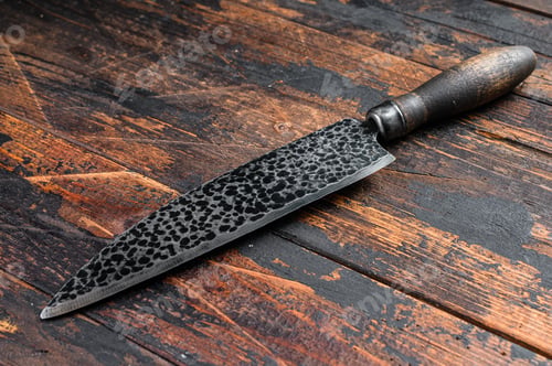 Preview: Vintage butcher meat knife. Dark wooden background. Top view