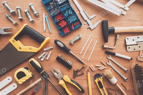 Preview: Housework tools top view on workshop desk