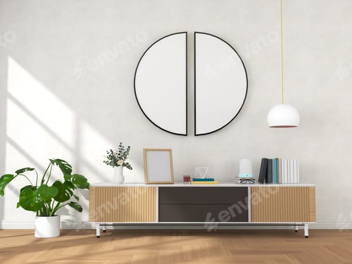 Preview: living room interior with wooden sideboard and mock up frame 3D rendering