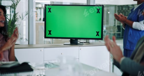 Preview: Doctor, group and monitor with green screen or applause for webinar, online presentation or virtual