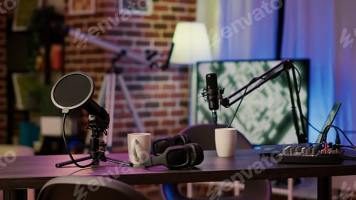 Preview: Closeup of headphones and professional microphone on empty vlogger desk ready for live talk show