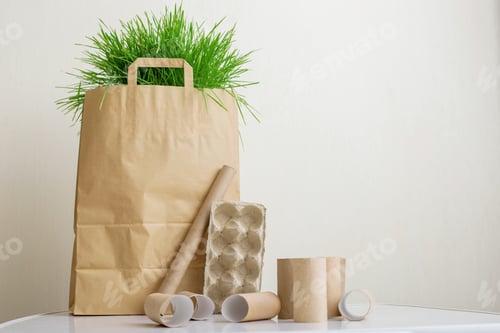 Preview: A paper bag with green grass stands on a white table. Household waste rollers made of cardboard