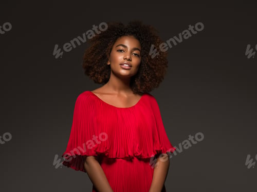 Preview: Black skin beautiful woman healthy beauty happy face african american woman model girl in red dress