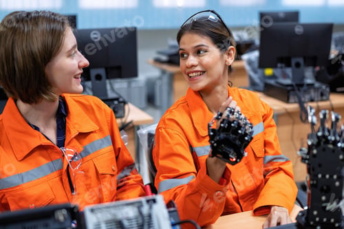 Preview: Girl engineer in robot industry fabrication research room simulate testing robot arm on operation