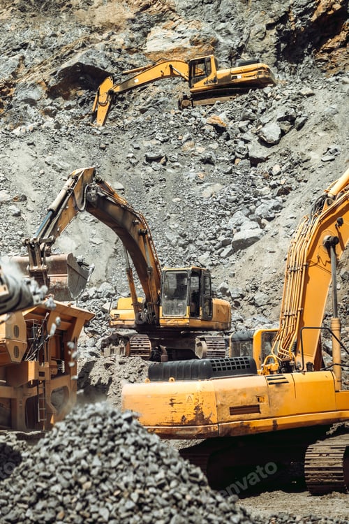 Preview: open pit ore mine. Close up details of industrial excavator working on site